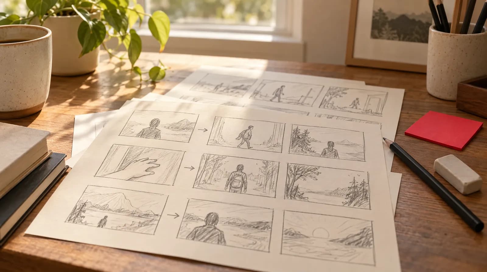 Pencil-sketched storyboard sheets with arrows on a wooden desk beside a pencil and red sticky note