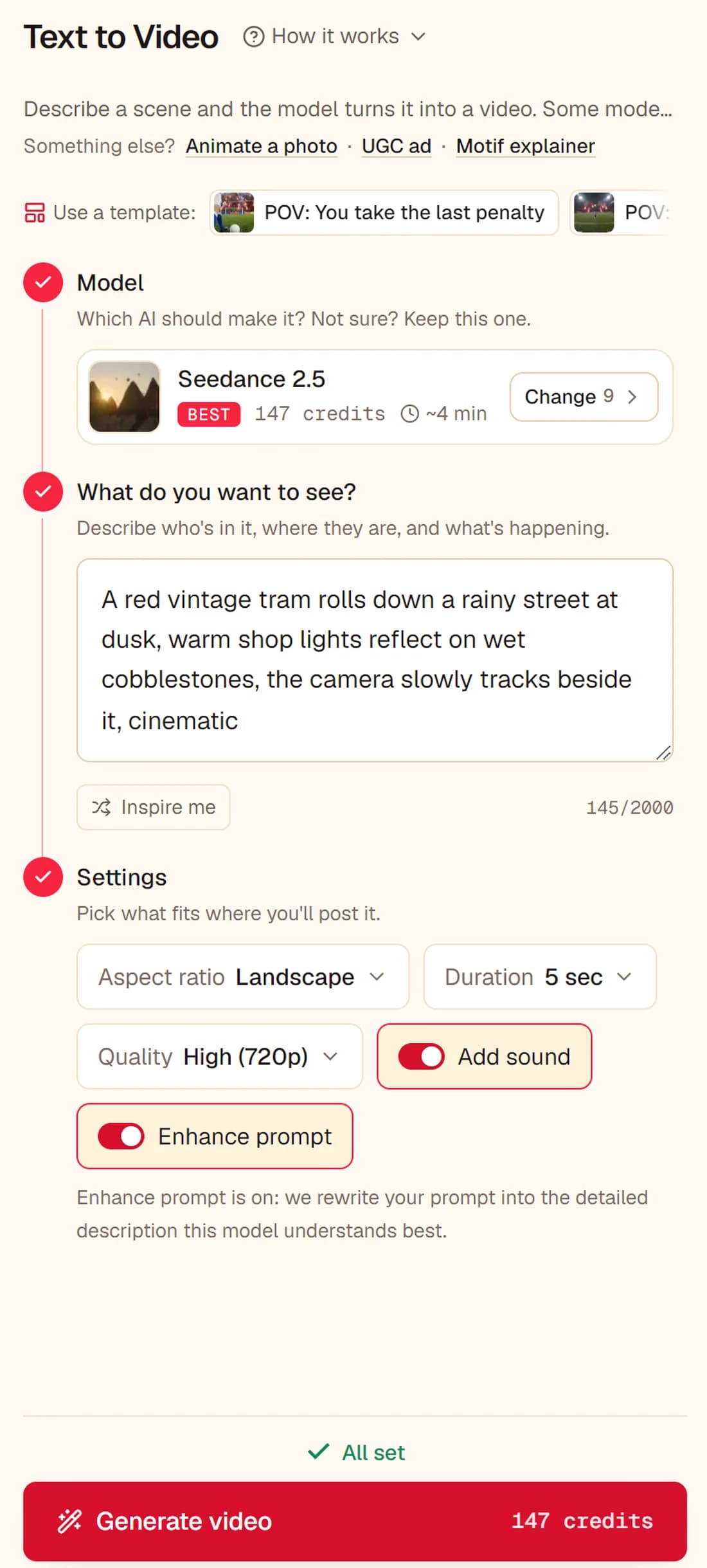 The Klakix text-to-video studio: model card, prompt box, length and aspect ratio settings, and the Generate button with its credit price