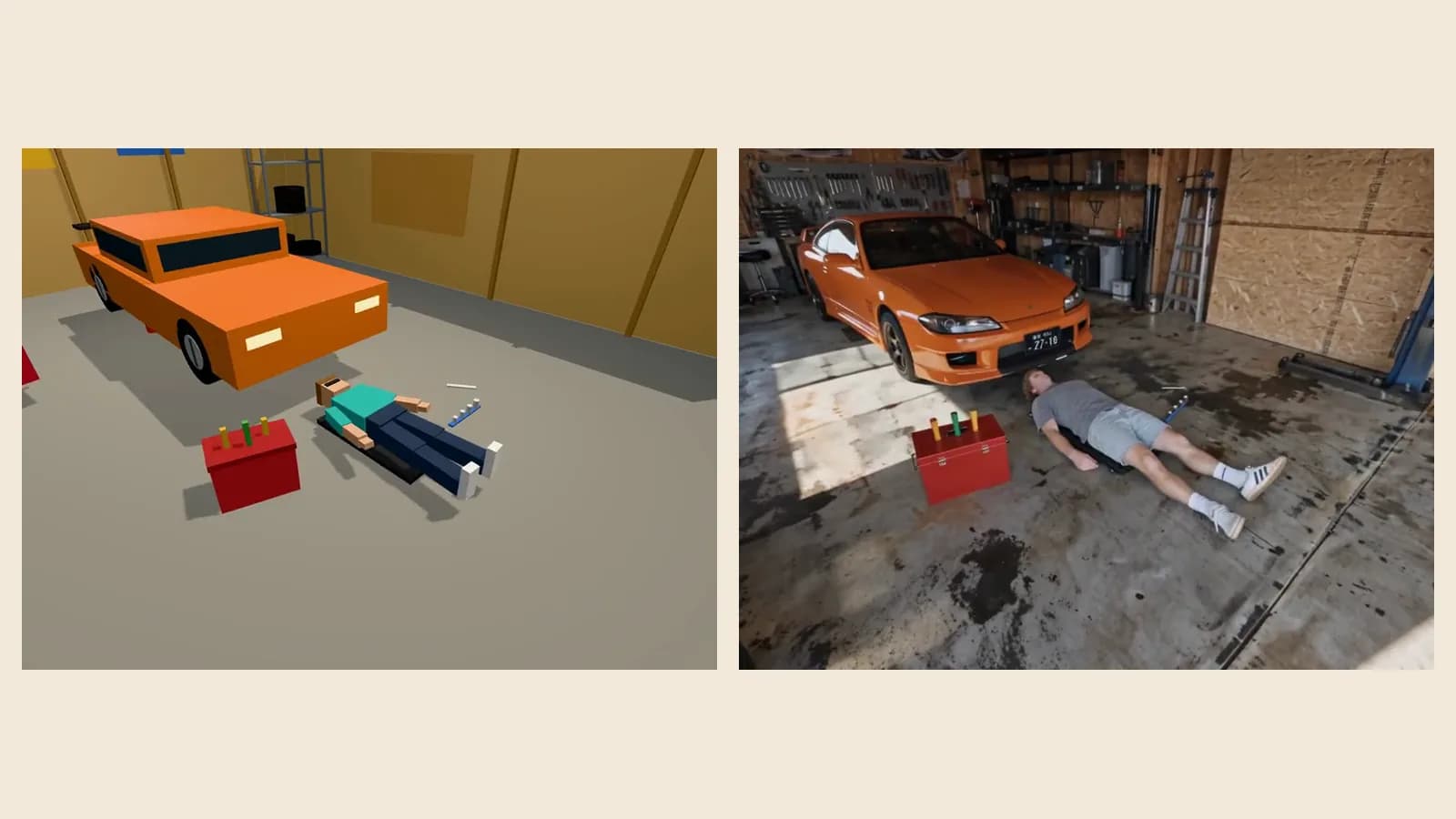 A garage scene as a blocky 3D blockout and the same camera angle as a photorealistic AI video frame, side by side