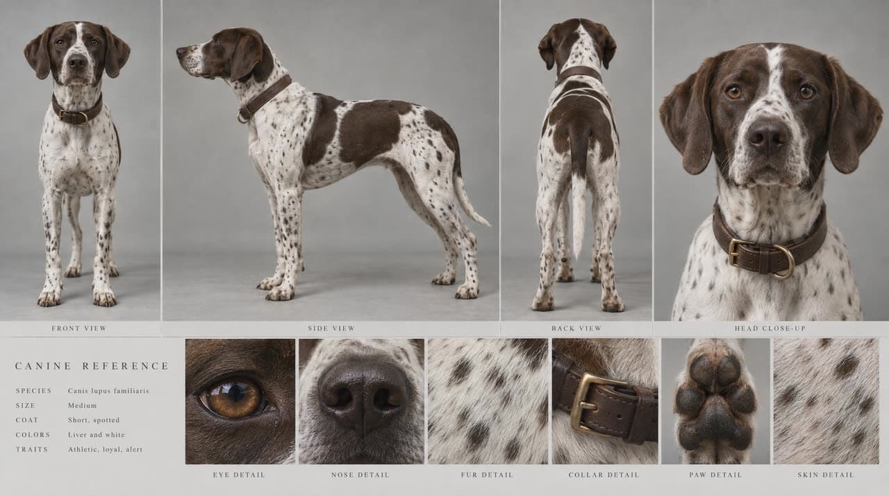 Spotted pointer dog from the front, side and back with eye, nose and fur details