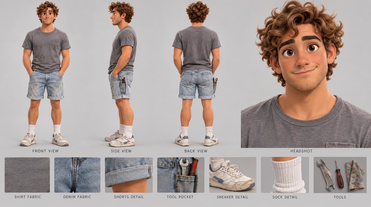Stylized character sheet of the mechanic: front, side and back views and clothing details