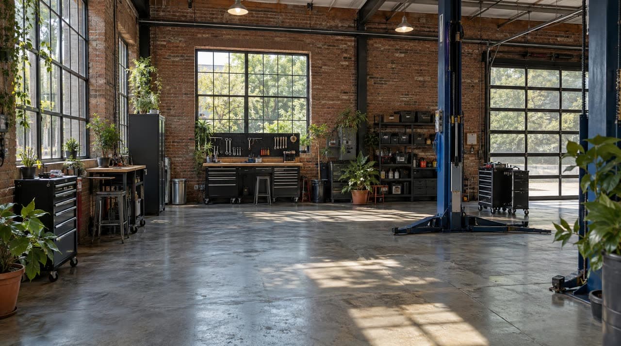 A bright brick-walled repair workshop with large windows and a car lift