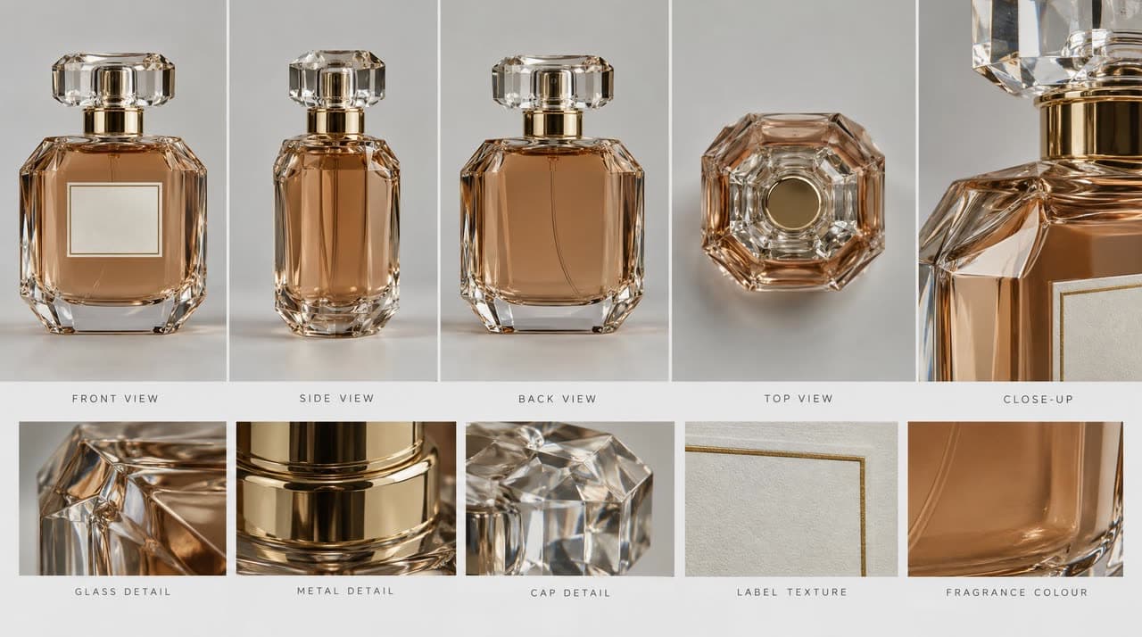 Perfume bottle from four angles with glass, metal cap and label details