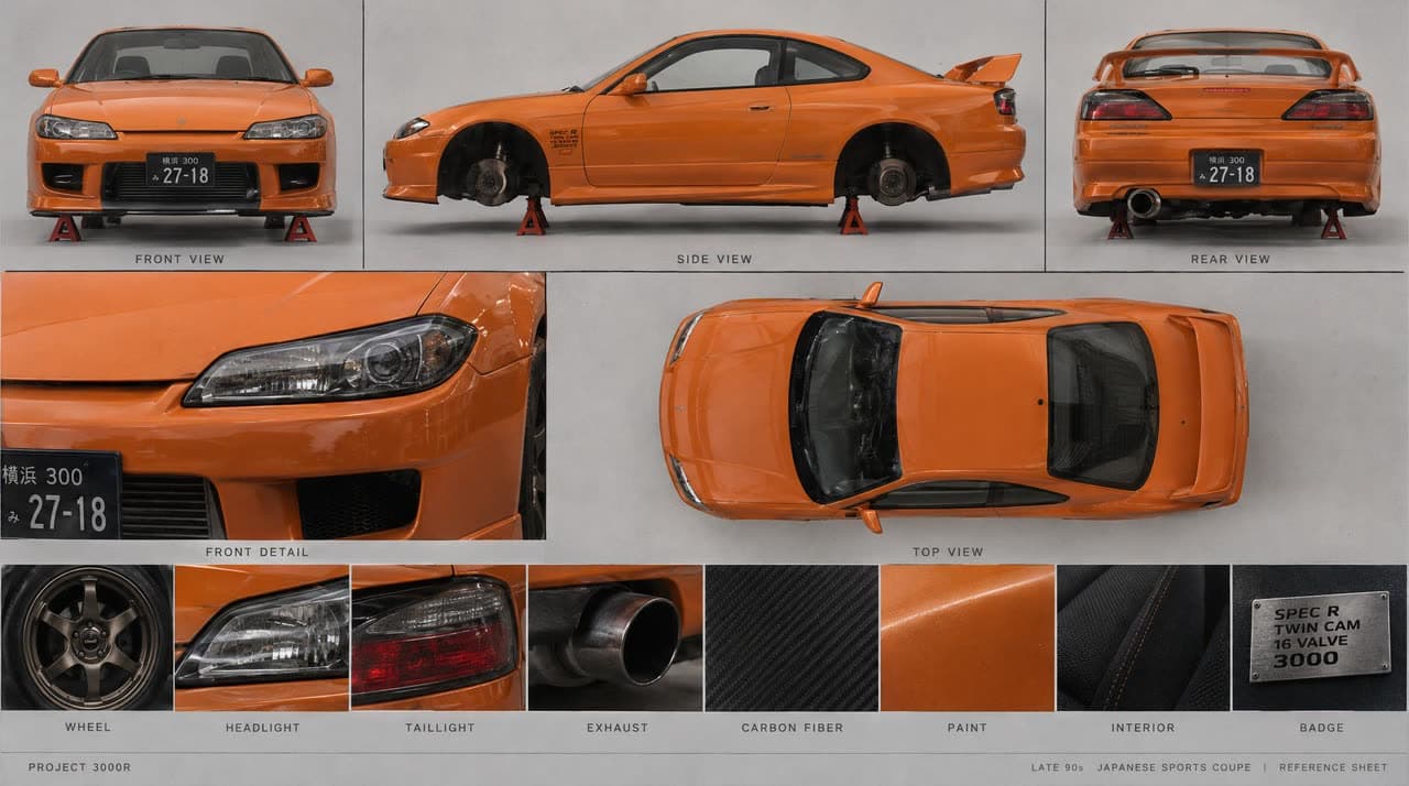 Vehicle sheet: front, side, rear, top and details