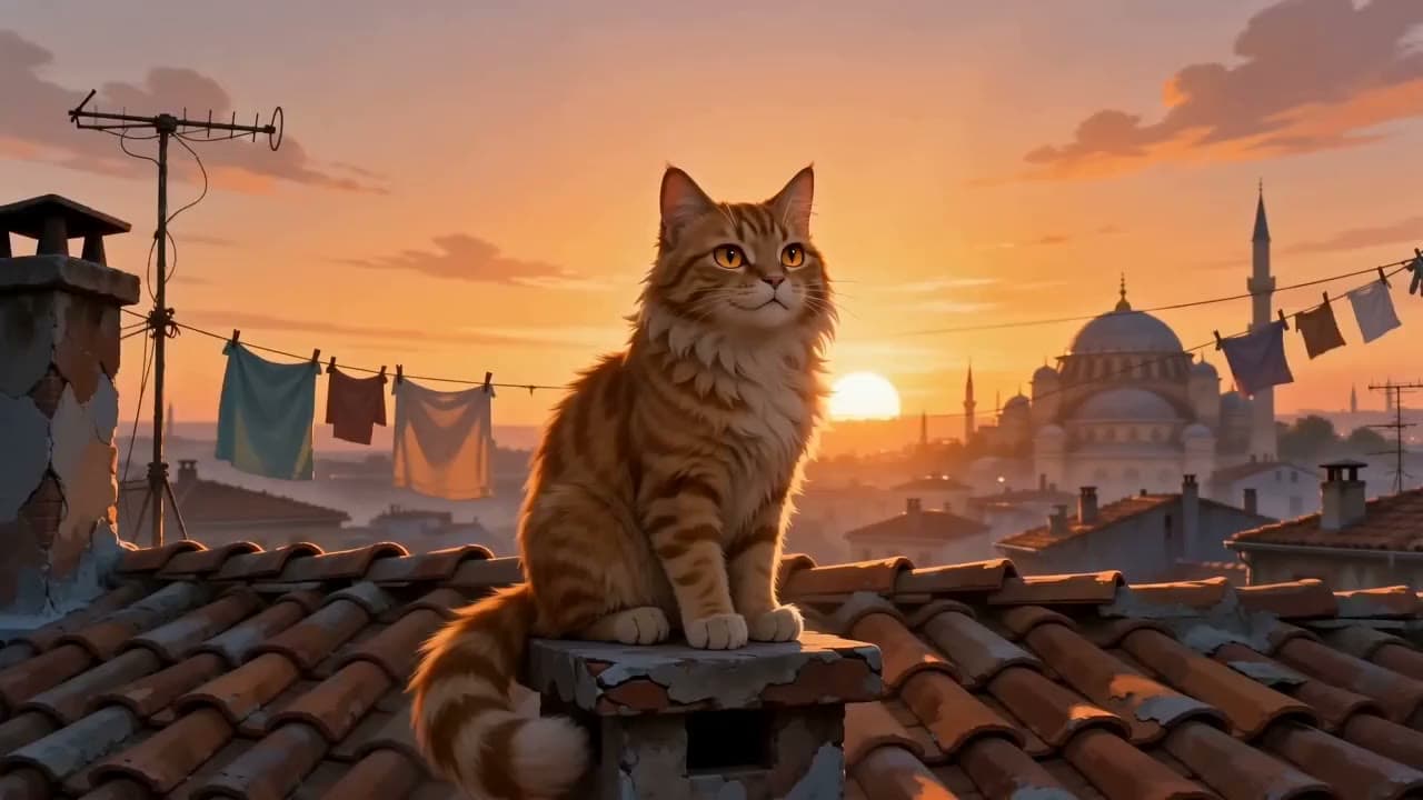 Anime style: a cat sits on an Istanbul rooftop at sunset, minarets and laundry lines behind it. Still from a video made with Seedance 2.0.