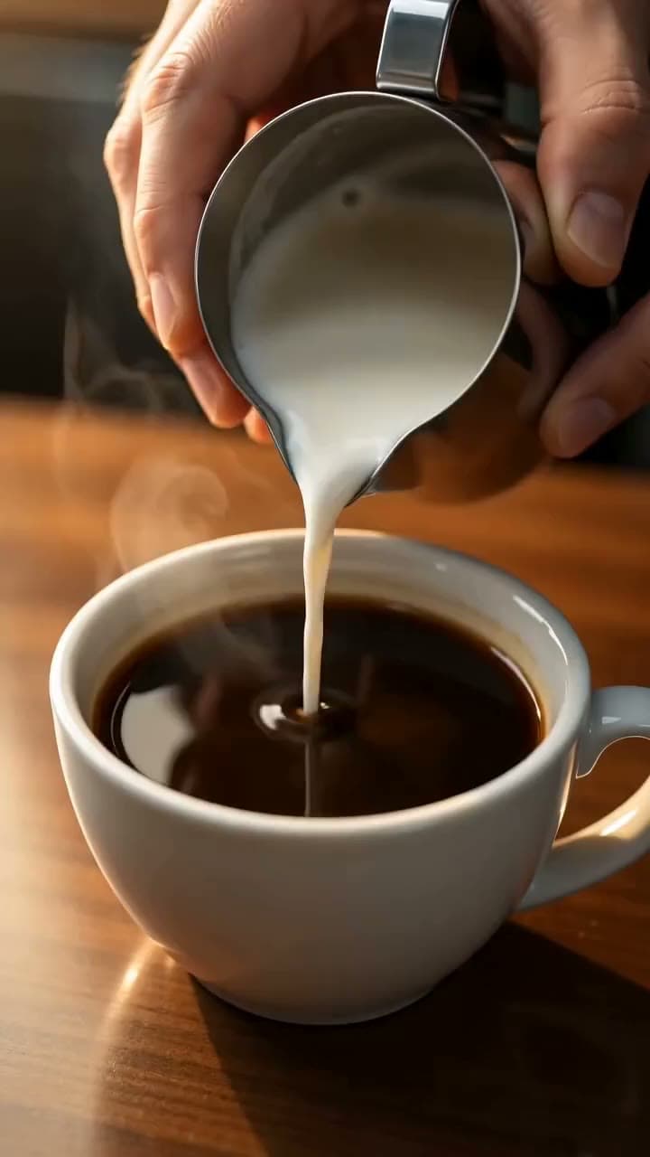 A barista pours latte art: the milk stream and the rosetta forming, close-up. Still from a video made with Seedance 2.0.