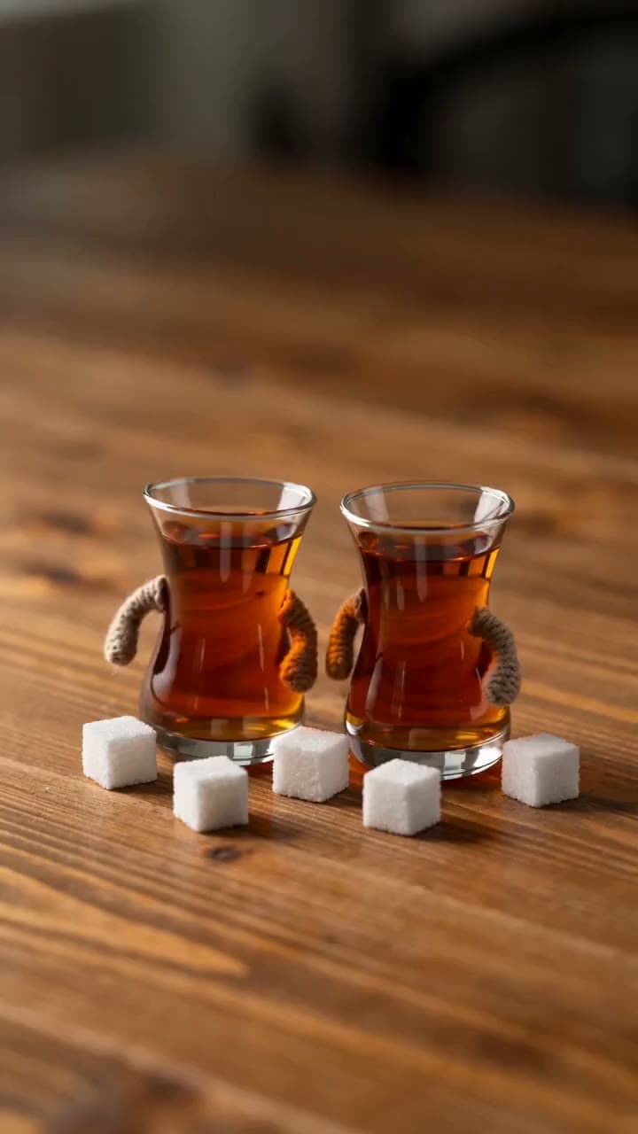 Stop-motion style: tulip-shaped tea glasses dance on a table while sugar cubes keep the beat. Still from a video made with Seedance 2.0.