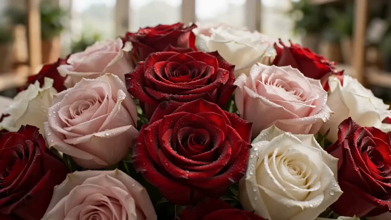 A florist puts together a bouquet: roses with water droplets and rustling wrapping paper. Still from a video made with Seedance 2.0.