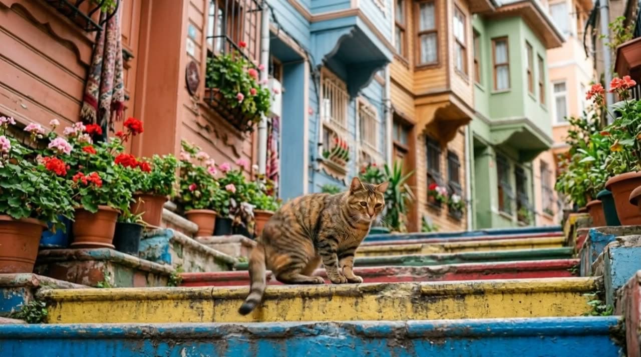 A street cat dances on its hind legs (Pet dance effect). Still from a video made with Kling effects.
