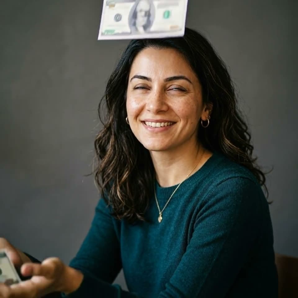 Money rains down on the person in the portrait (Money rain effect). Still from a video made with Kling effects.