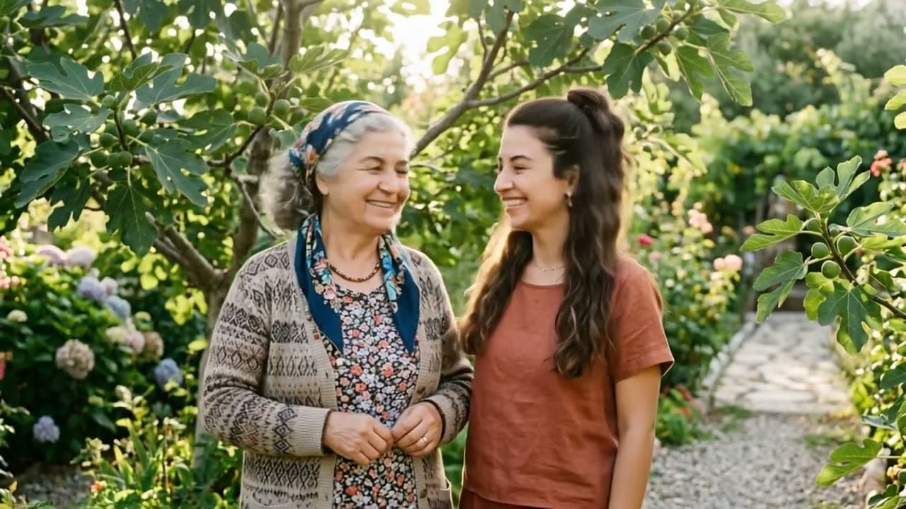 A grandmother and her grandchild from a single photo hug each other (Hug effect). Still from a video made with PixVerse effects.