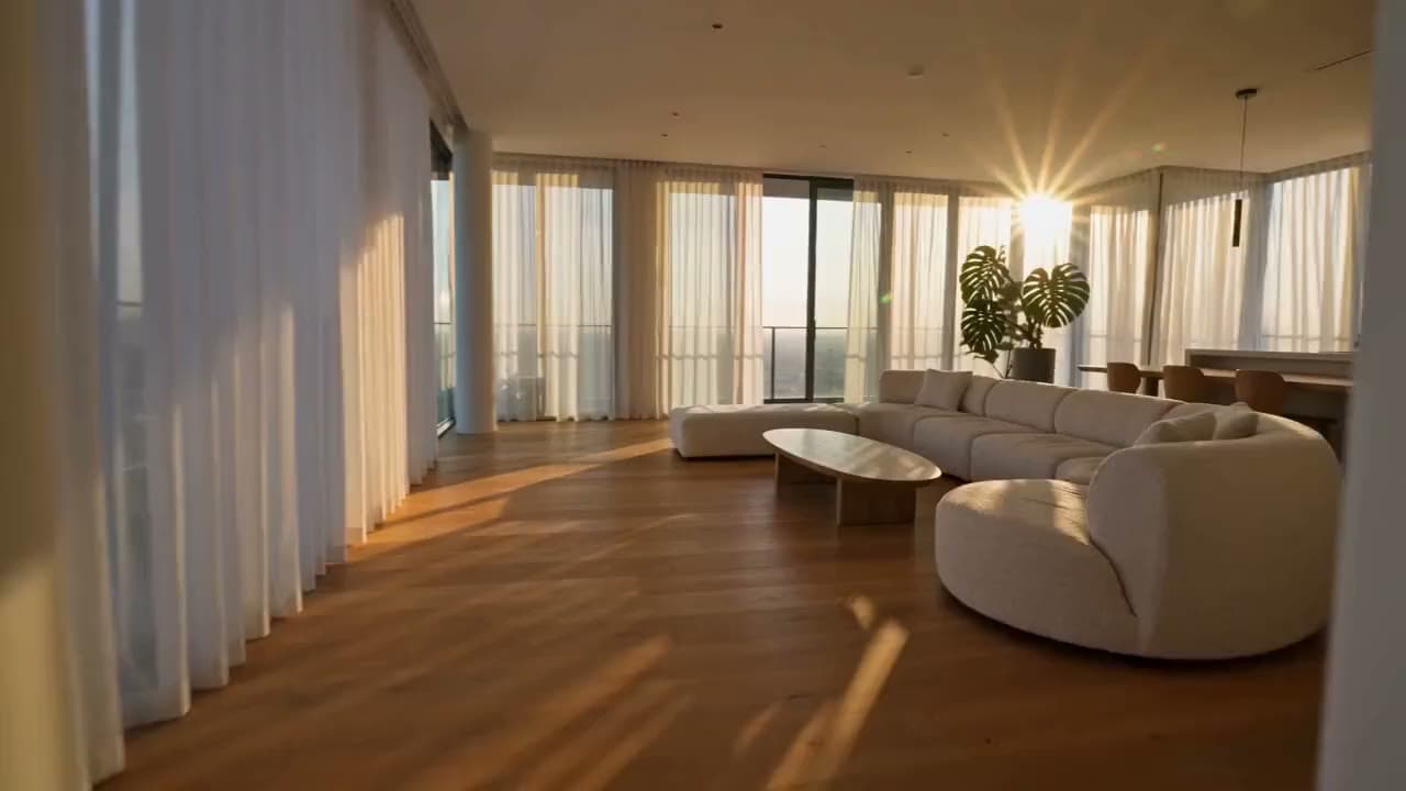 A smooth walk-through of a modern apartment: window light and simple furniture. Still from a video made with Seedance 2.0.