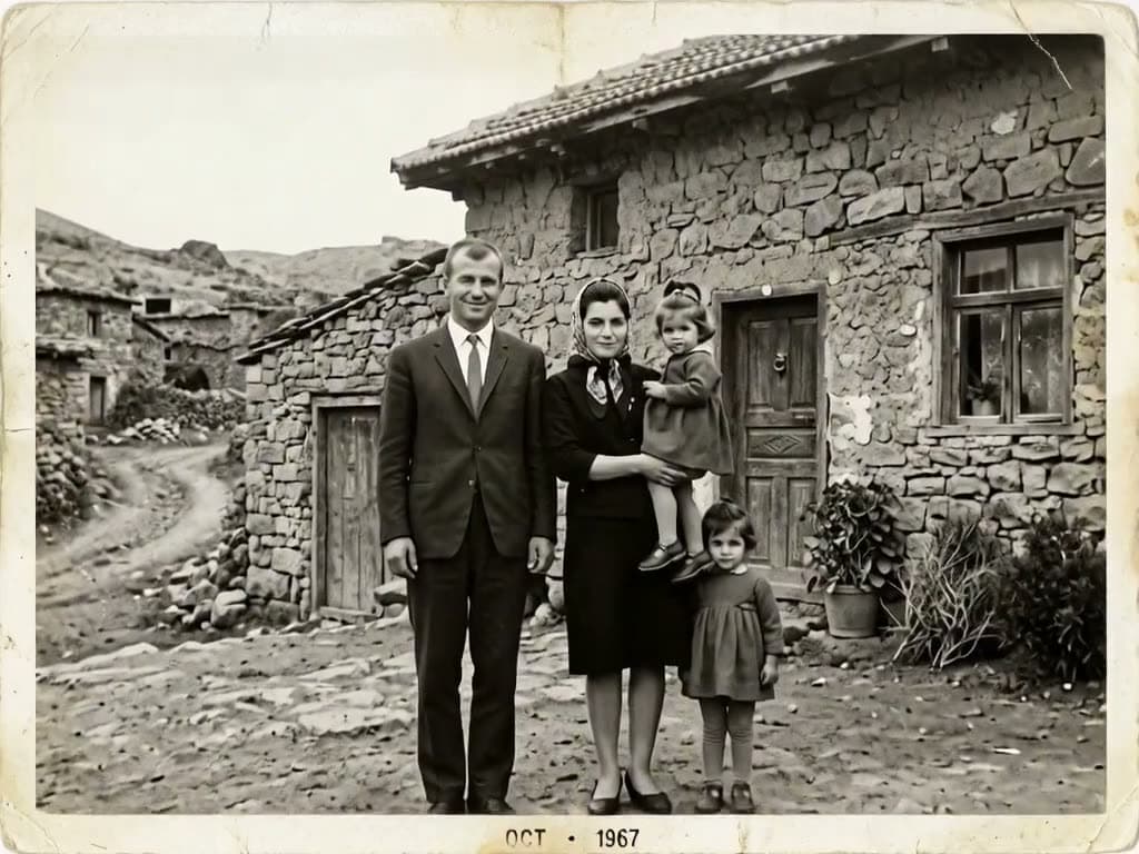 An old family photo comes to life: they smile softly and look at the camera. Still from a video made with MiniMax H3 Max.