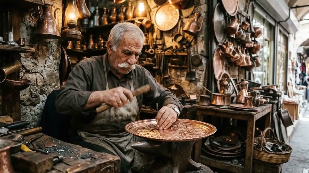 A coppersmith hammers a tray with rhythmic strikes as the camera slowly moves in. Still from a video made with Google Gemini Omni Flash.