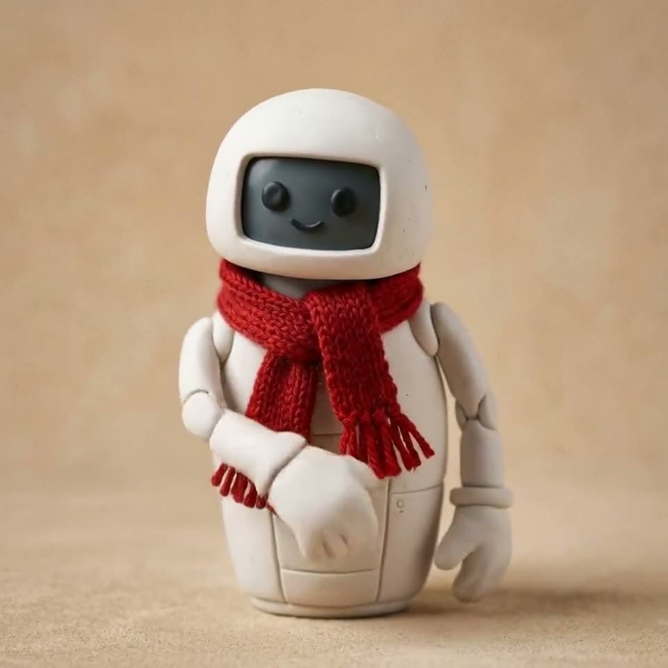 A clay robot character copies the arm and hand moves of the woman in the reference clip (no face swap, only… Still from a video made with Kling 3.0 Motion Control.