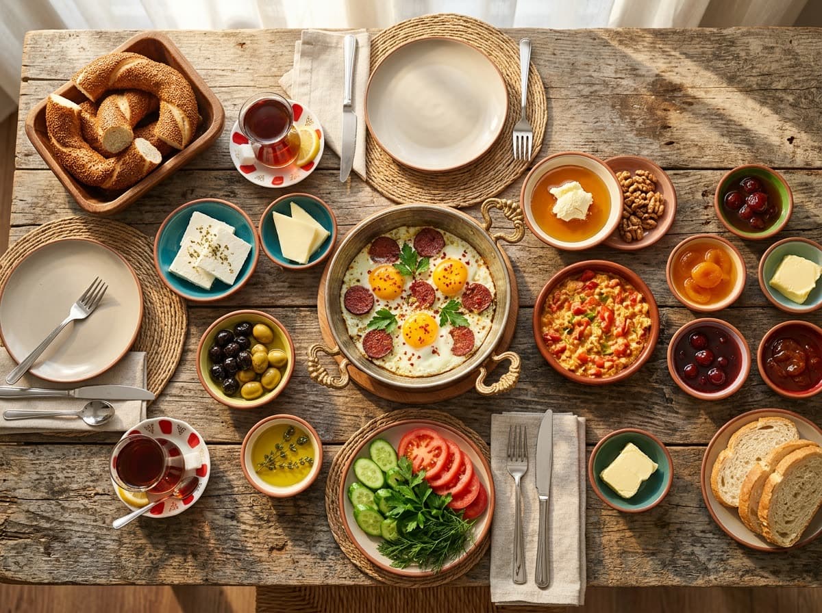A Turkish breakfast spread on a wooden table: sesame bread rings, olives, cheese, tomatoes, eggs and tea in… Image made with Nano Banana 2.