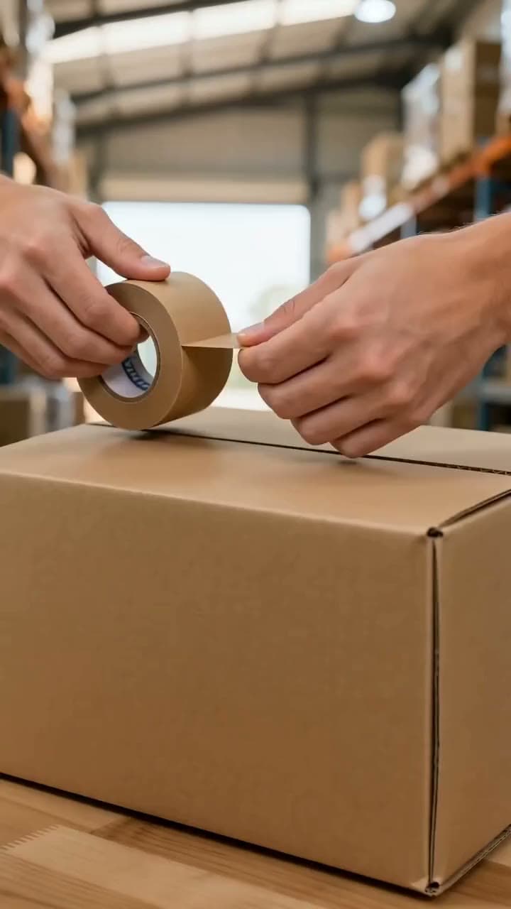 An online order gets packed: the box is taped shut and a shipping label goes on. Still from a video made with Seedance 2.0.