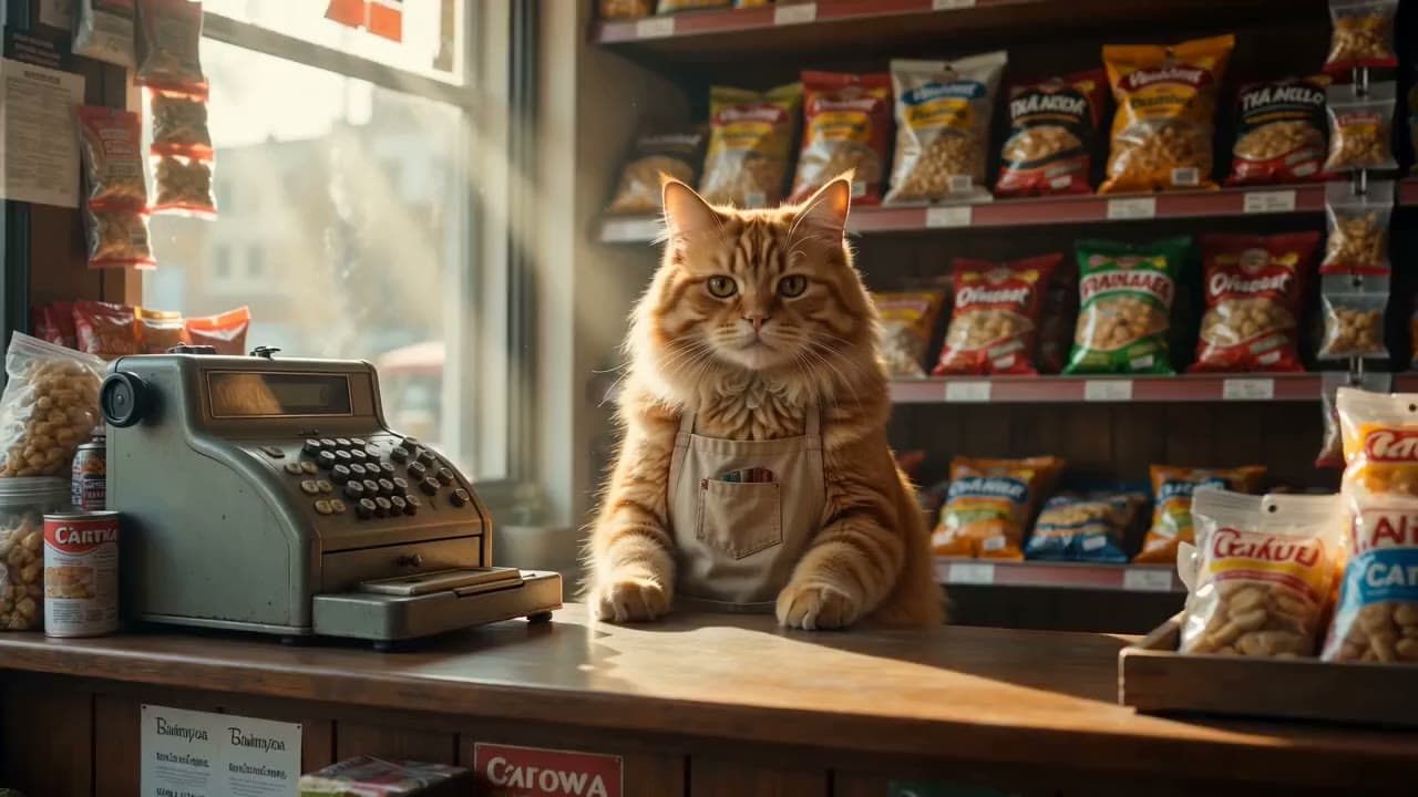 A cat running the register at a corner shop: in its tiny apron, it taps the cash register with a paw. Still from a video made with Seedance 2.0.