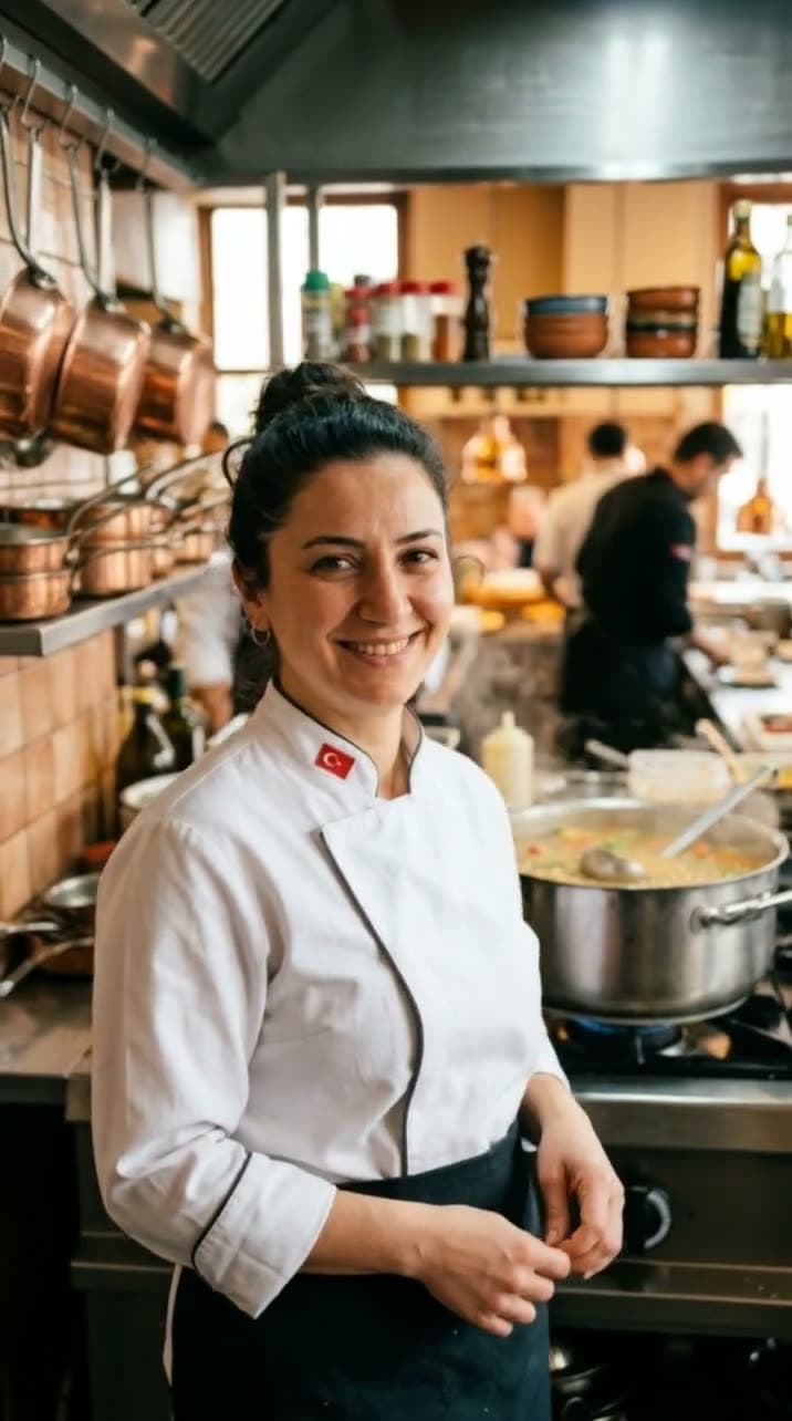 The chef ladles lentil soup into a bowl as steam rises, then smiles at the camera. Still from a video made with Kling 3.0.