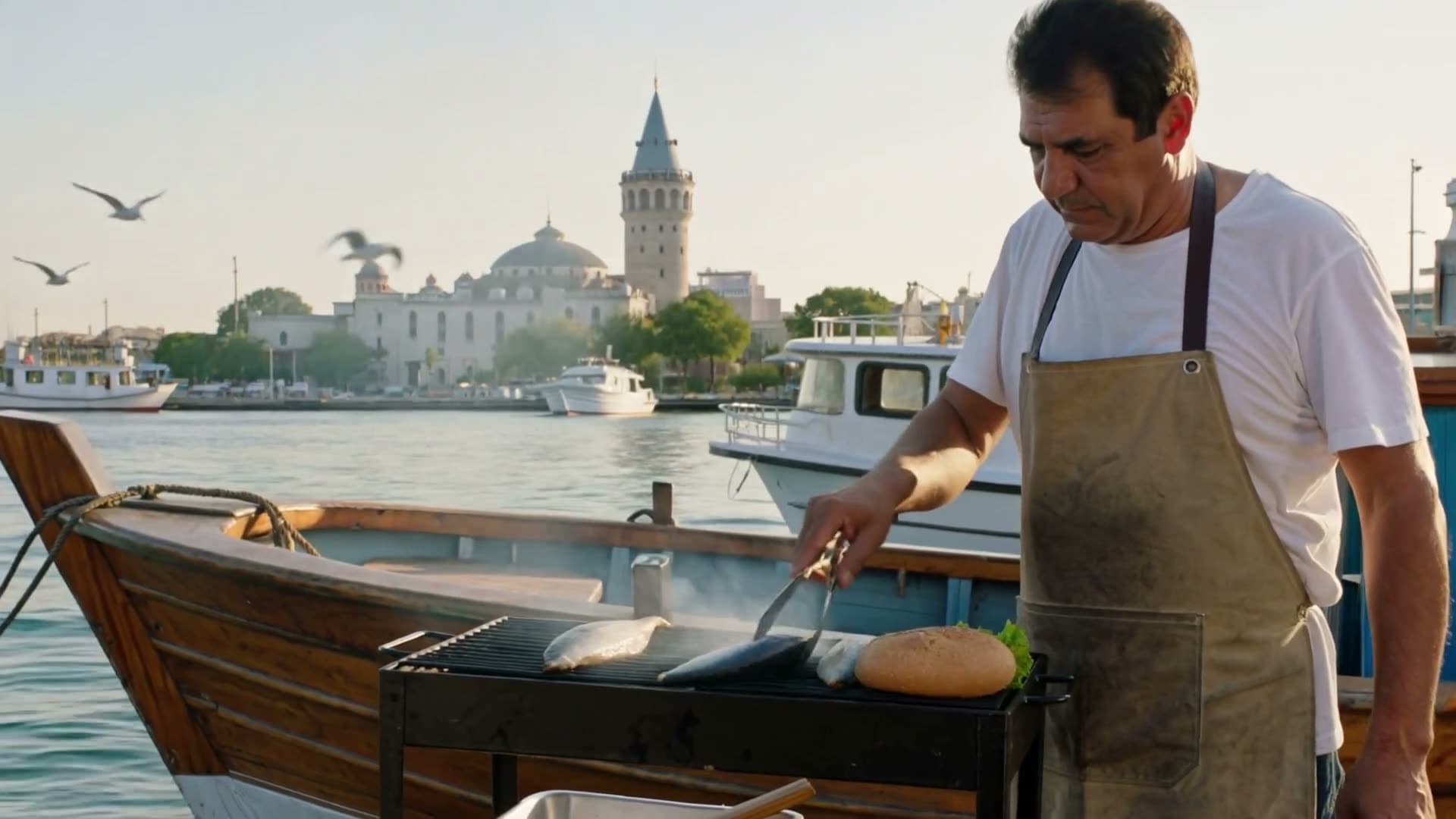 A fish sandwich boat by the Istanbul waterfront at dusk: the cook flips fish over the coals, flames and smoke… Still from a video made with Kling 3.0.