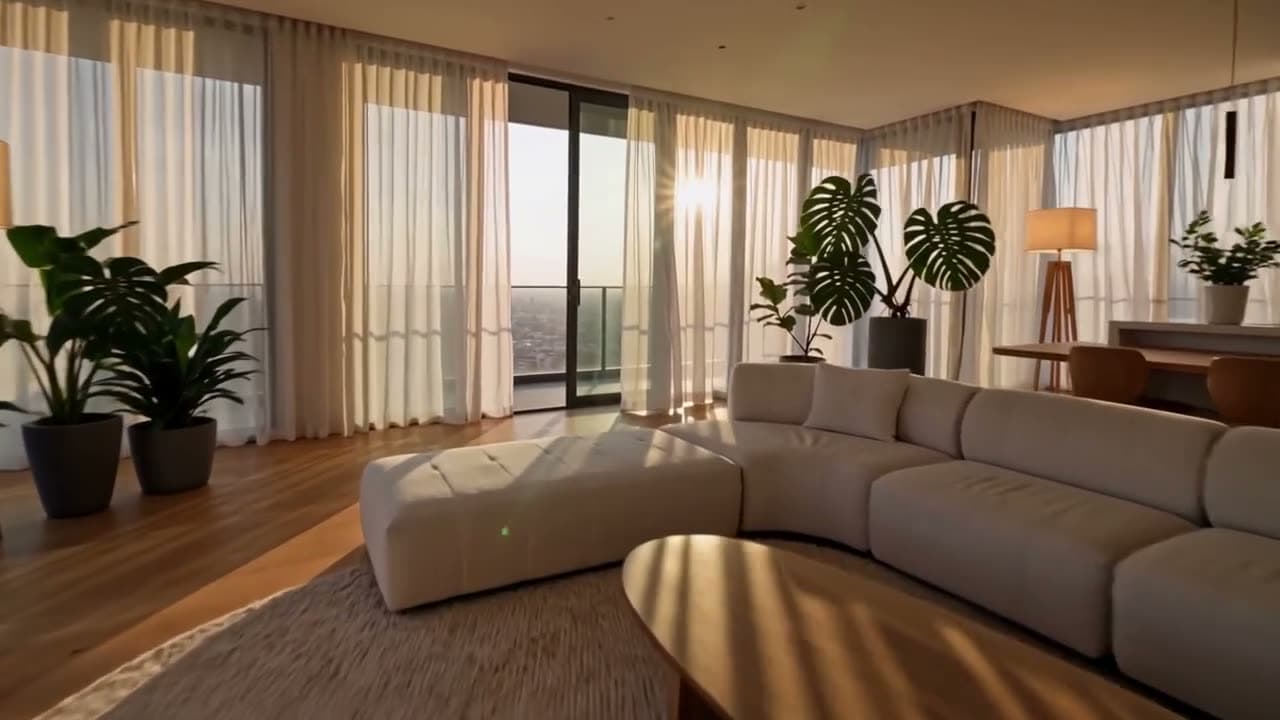 We edited the apartment video: a Scandinavian-style living room with evening light, warm lamps and plants,… Still from a video made with Kling 4.0 Video Edit.