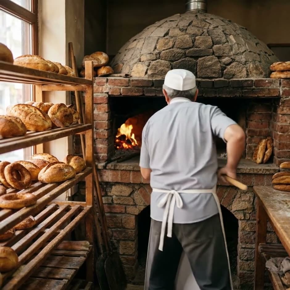 The baker pulls warm loaves out of the oven with a wooden peel, steam rises, then he smiles at the camera. Still from a video made with Kling 4.0.