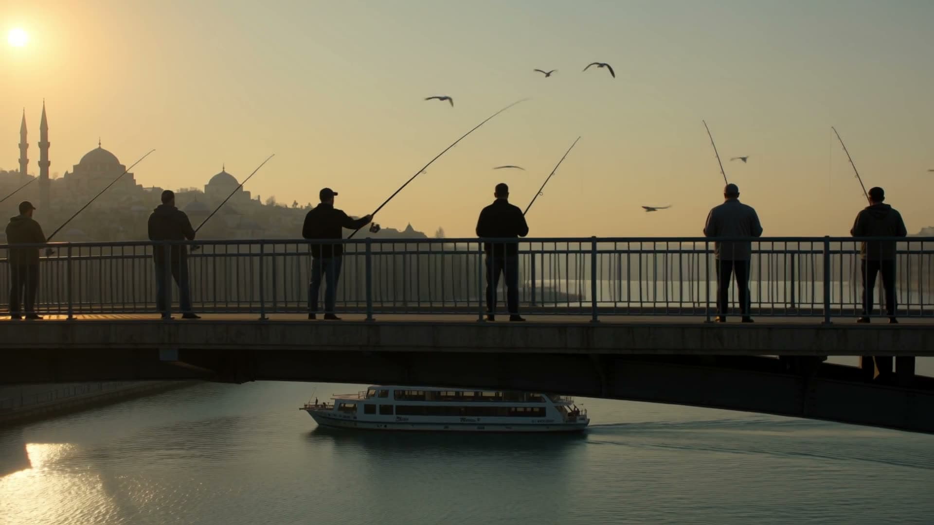 Sunset on the Galata Bridge: fishermen cast their lines while a ferry passes beneath and seagulls circle. Still from a video made with Kling 4.0.
