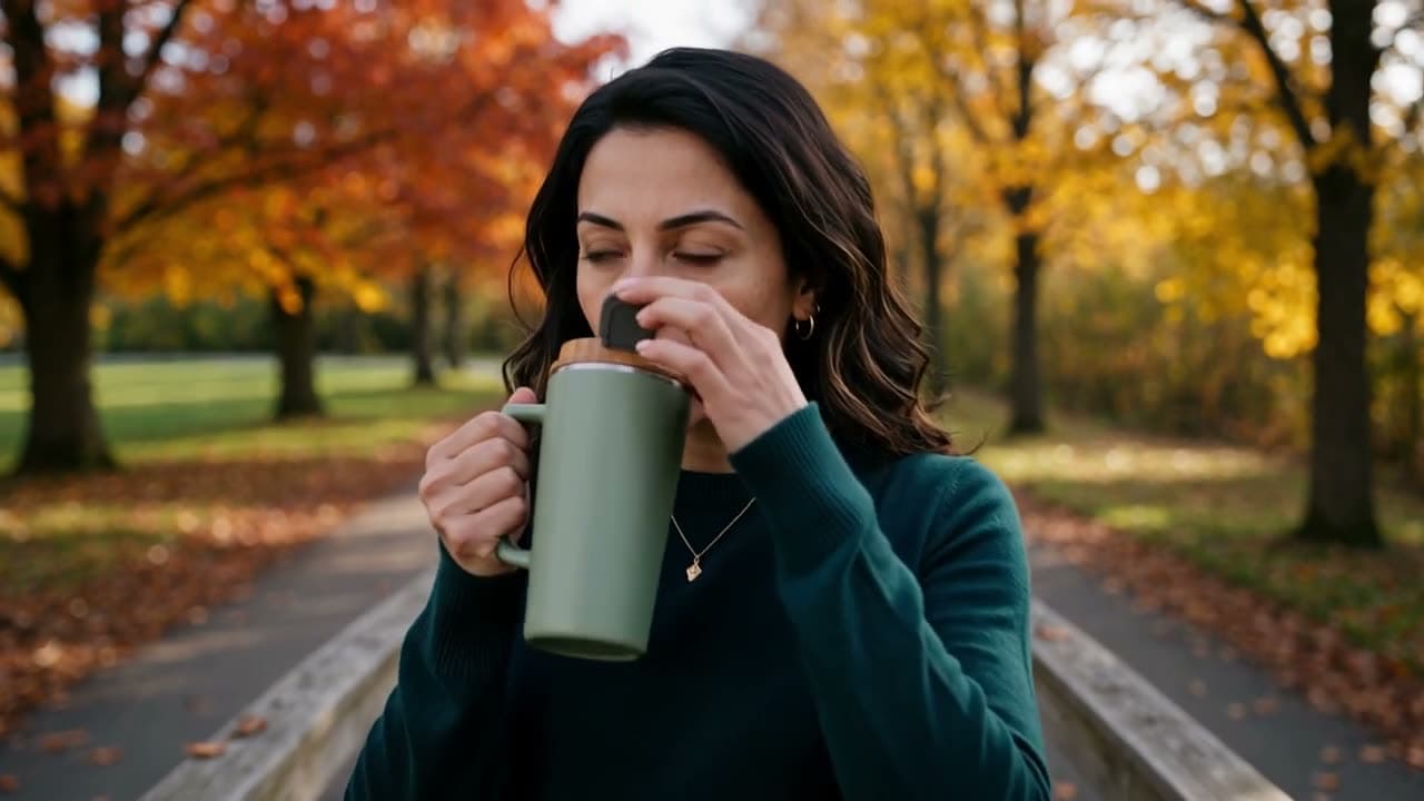 A character photo and a product photo in one video: the woman walks through an autumn park and drinks coffee… Still from a video made with Kling 4.0 Reference.