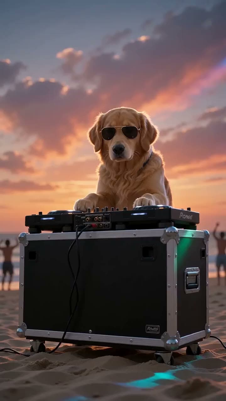 A golden retriever in sunglasses at a beach DJ booth while the crowd bounces. Still from a video made with Seedance 2.0 Mini.