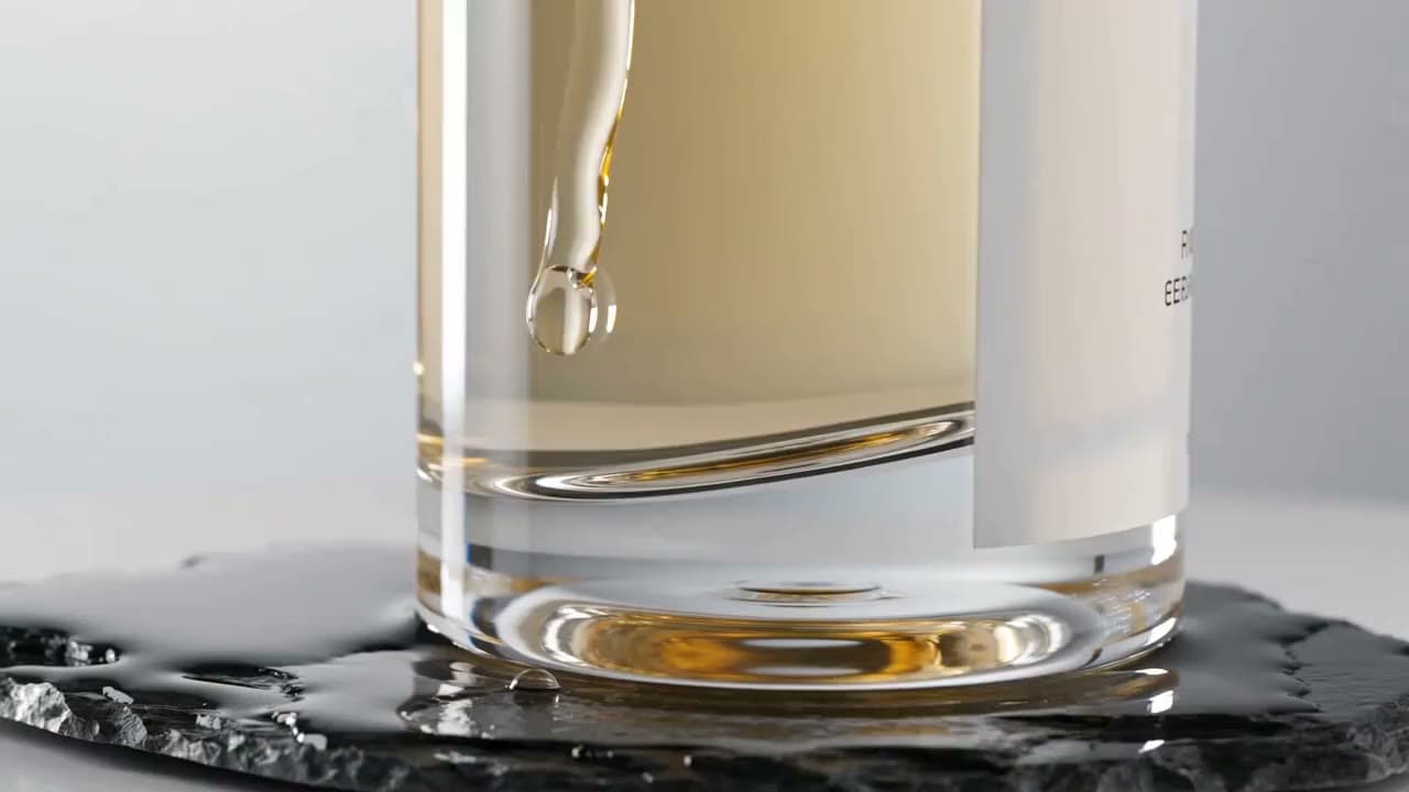 A cosmetic serum bottle with water droplets in soft studio light. Still from a video made with Seedance 2.0.