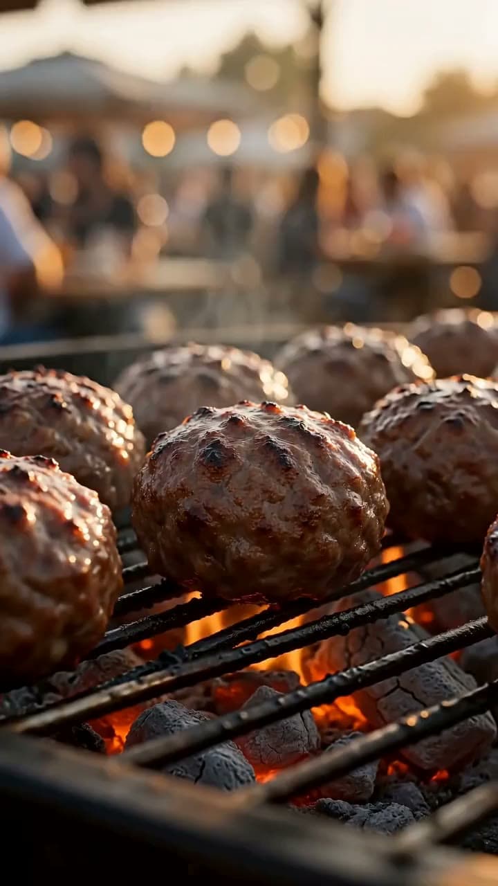 Meatballs on a charcoal grill: glowing coals, smoke and sizzle. Still from a video made with Seedance 2.0.