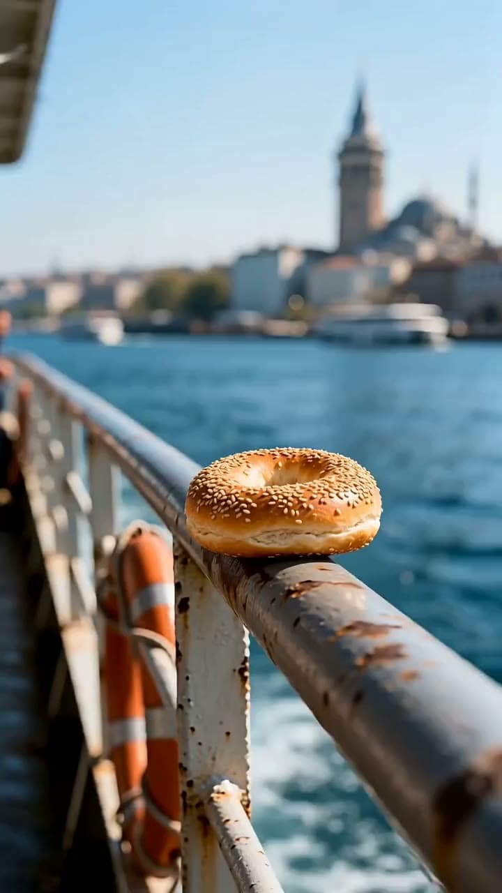 A seagull heist on a ferry: it snatches a sesame bread ring off the railing and flies away, the Bosphorus… Still from a video made with Seedance 2.0.