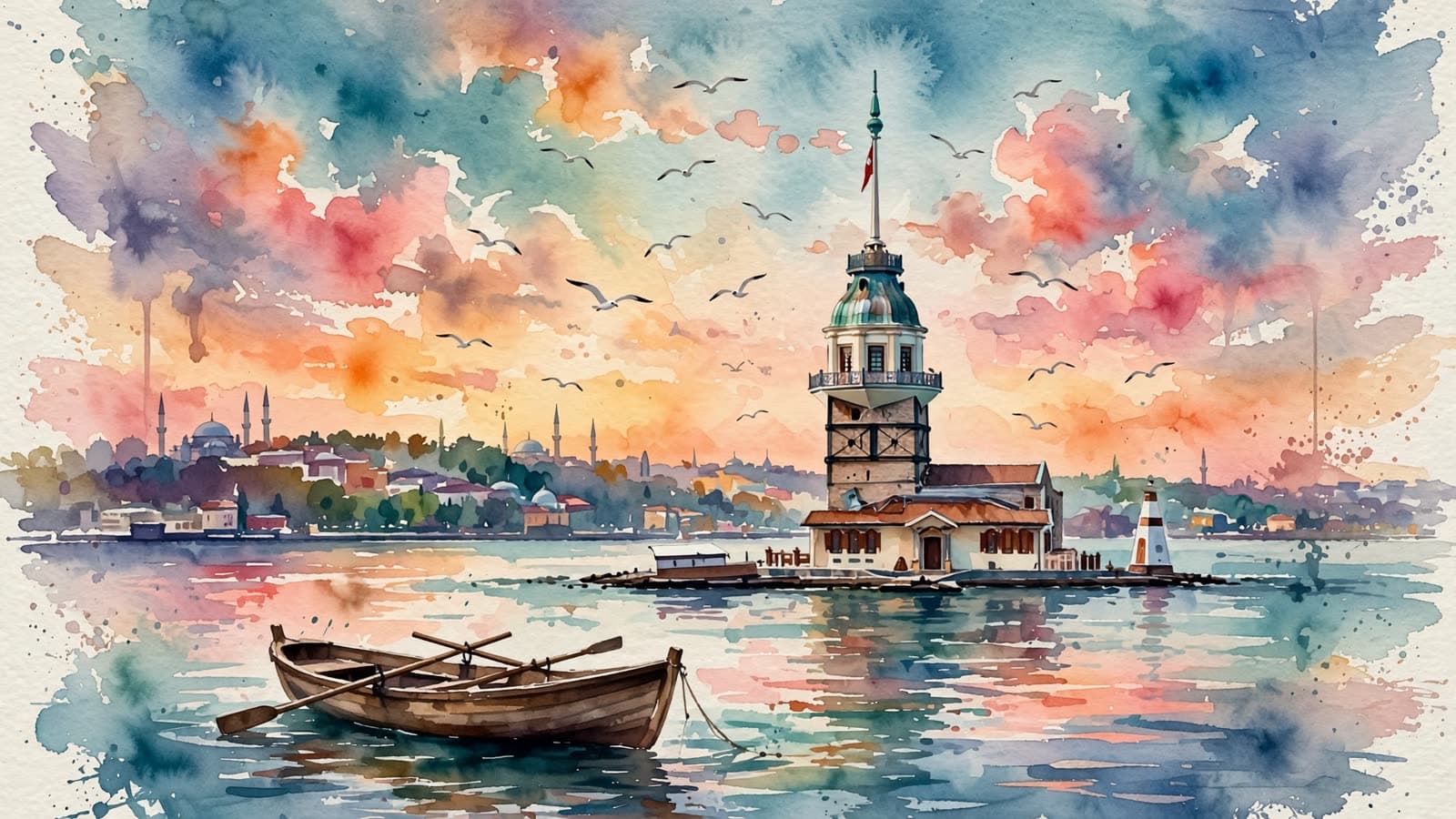 The Maiden's Tower in watercolor: sunset, seagulls and a rowboat by the shore. Image made with Muse Image.