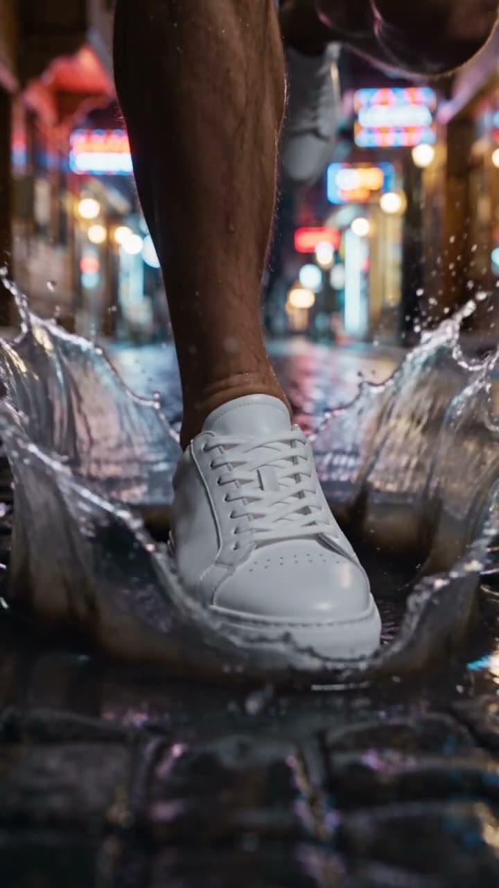 A product photo and a location photo in one ad: a white sneaker steps into a puddle on a rainy Istanbul… Still from a video made with Seedance 2.5 Reference.