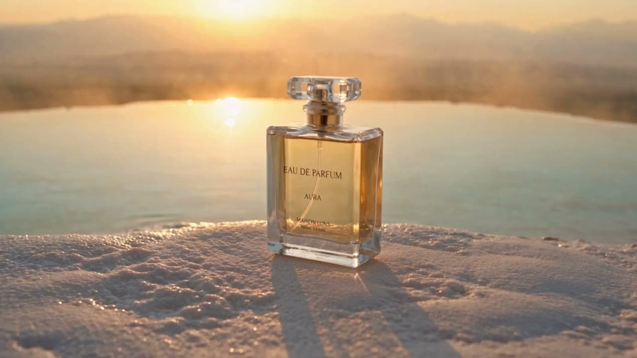 We combined a product photo with a location photo: the perfume bottle on the Pamukkale travertines in sunset… Still from a video made with Seedance 2.5 Reference.