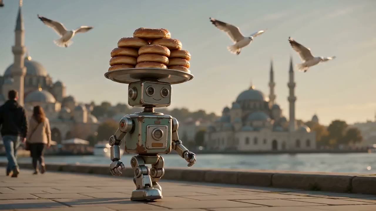 A tin robot walks the waterfront carrying a tray of sesame bread rings, with seagulls in pursuit. Still from a video made with Seedance 2.0 Mini.