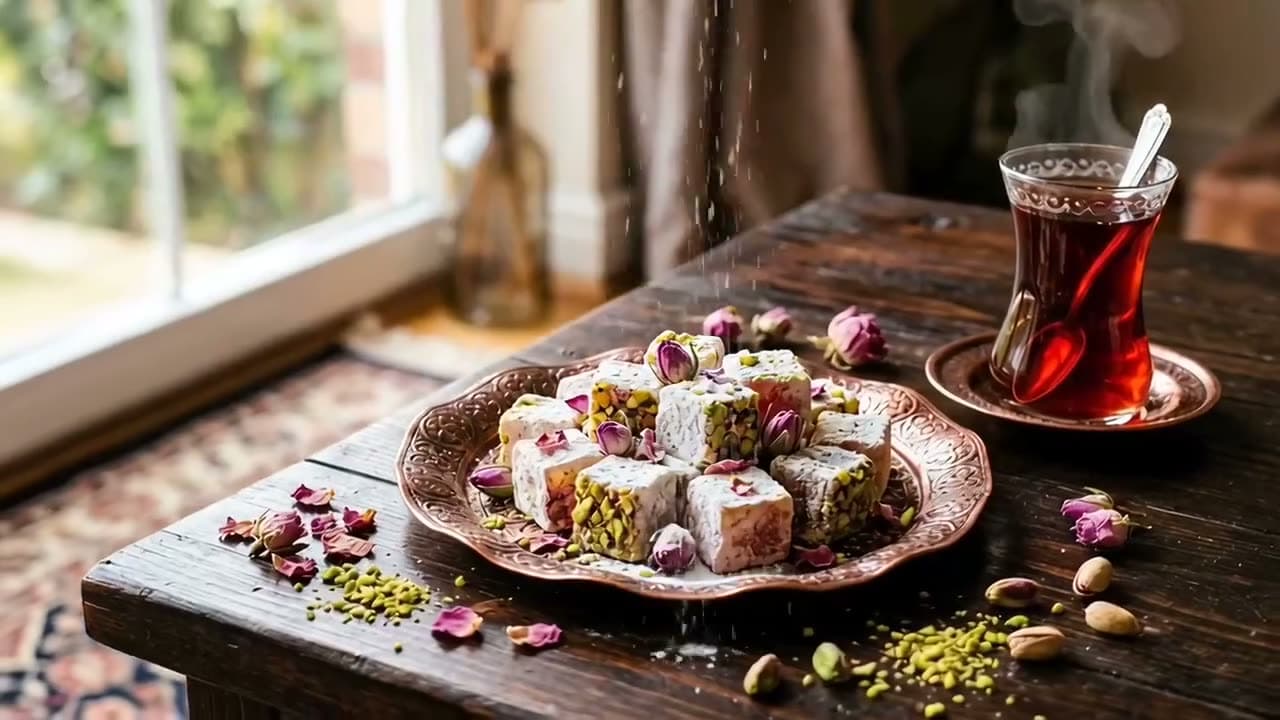 Powdered sugar falls onto Turkish delight, steam rises from the tea, and the camera circles the plate. Still from a video made with Seedance 2.0.