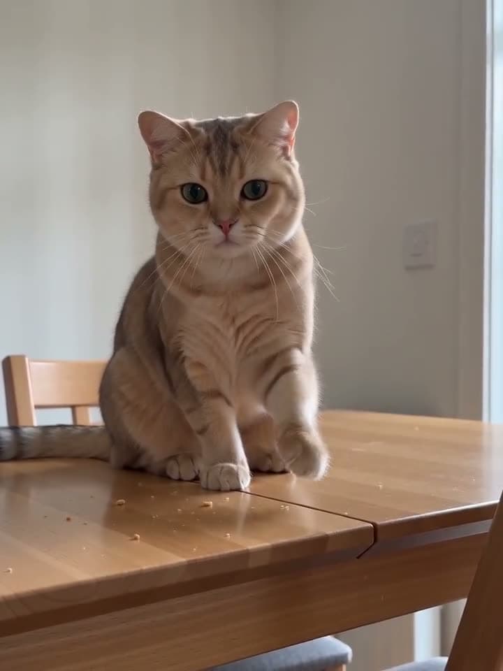 The cat pushes the glass of water off the table with its paw, then looks at the camera like nothing happened. Still from a video made with Seedance 2.0 Mini.
