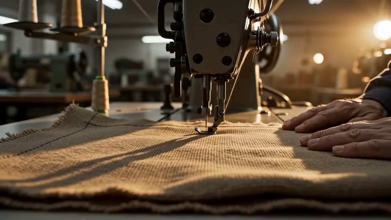 A sewing workshop: fabric moving under the machine needle, close-up of the thread. Still from a video made with Seedance 2.0.