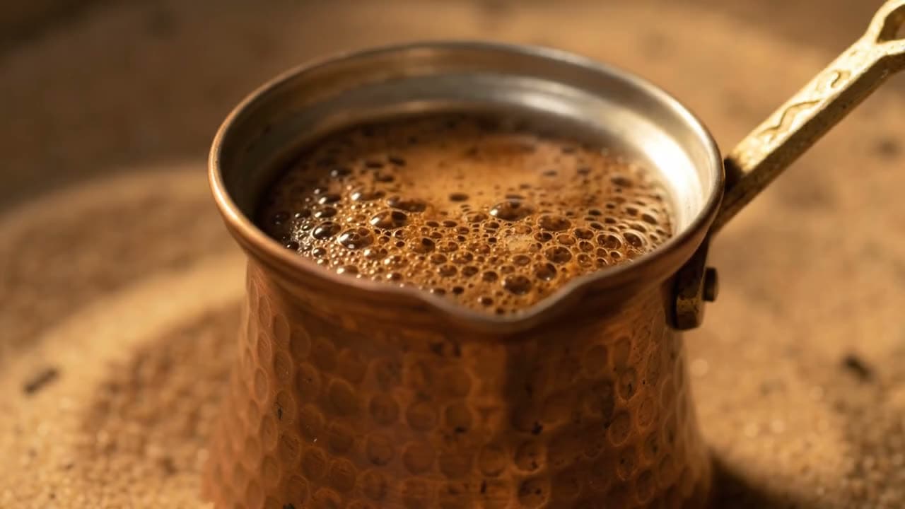 Turkish coffee foaming in a copper pot, then poured into a cup, macro shot. Still from a video made with Google Gemini Omni Flash.