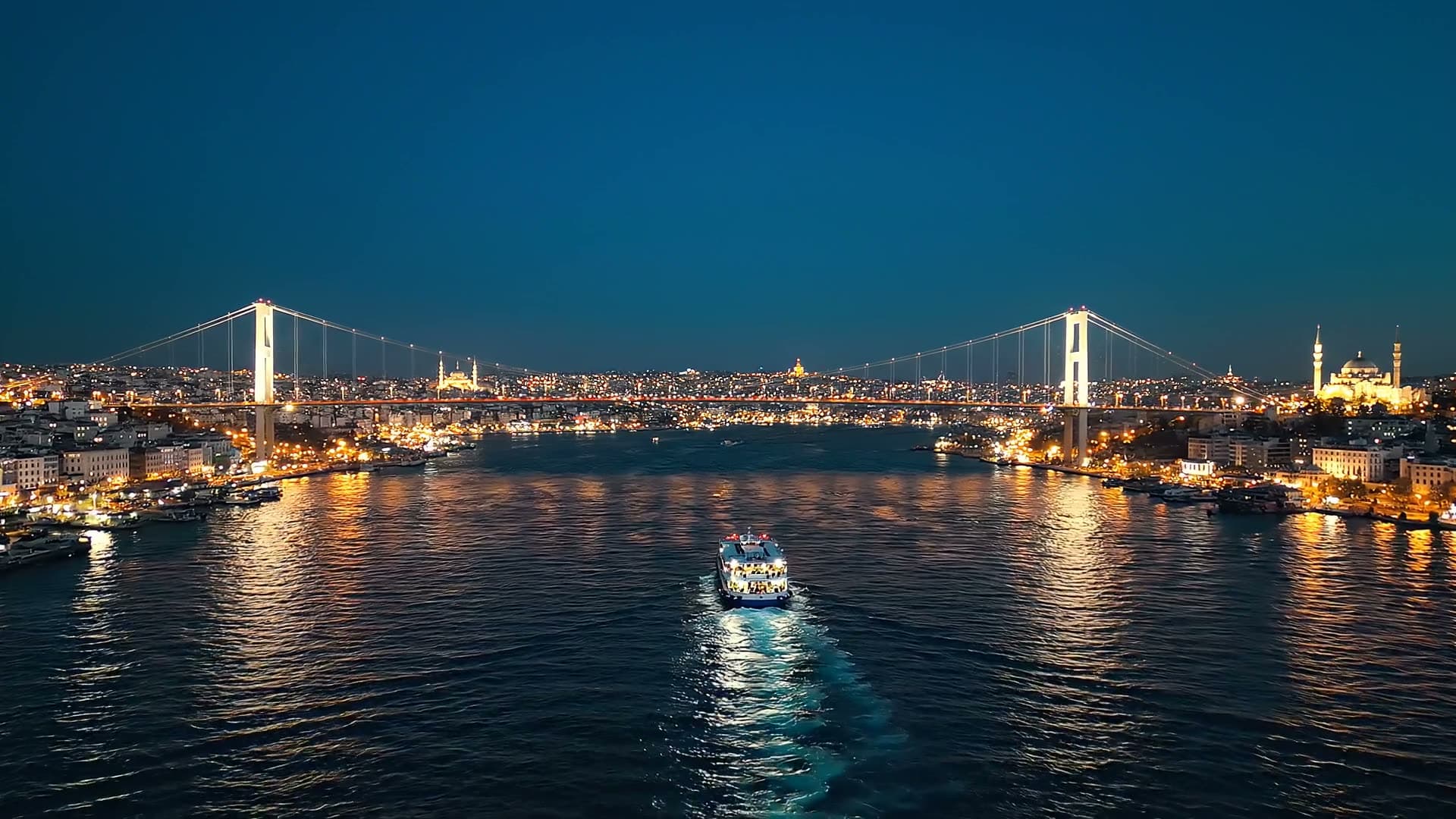 A cinematic aerial shot over Istanbul's Bosphorus at blue hour: the bridge lights flicker on and a ferry… Still from a video made with Google Veo 3.1 Lite.