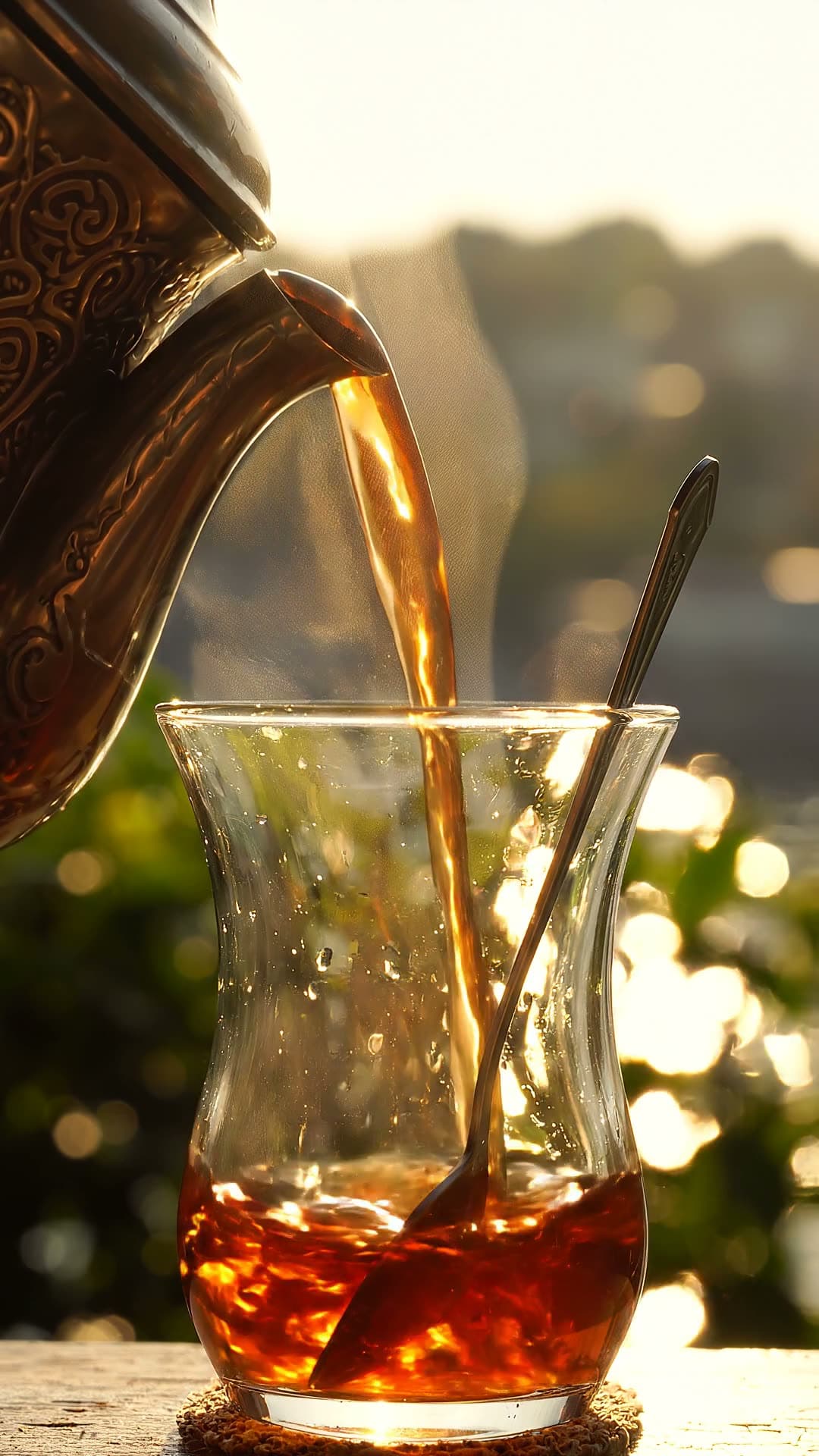Extreme macro of tea poured from a teapot into a tulip-shaped glass. Still from a video made with Google Veo 3.1 Lite.