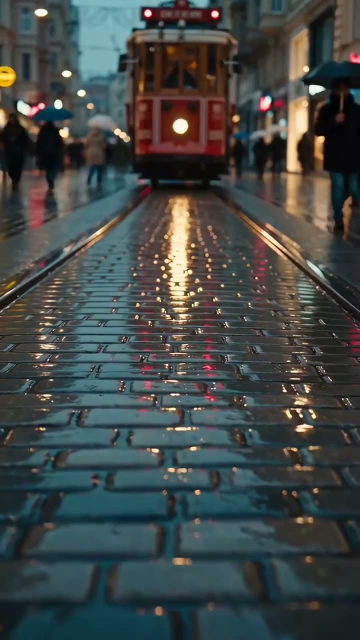 Istiklal Avenue at dusk in light rain: a red vintage tram rolls in between glowing shop windows, warm light… Still from a video made with Seedance 2.5.