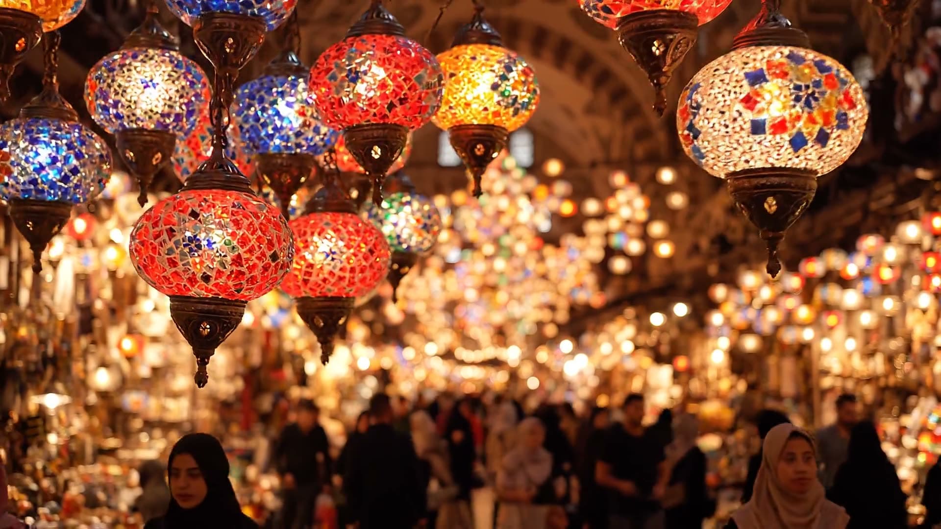 A slow dolly shot through the Grand Bazaar under hundreds of glowing mosaic lanterns. Still from a video made with Google Veo 3.1 Lite.
