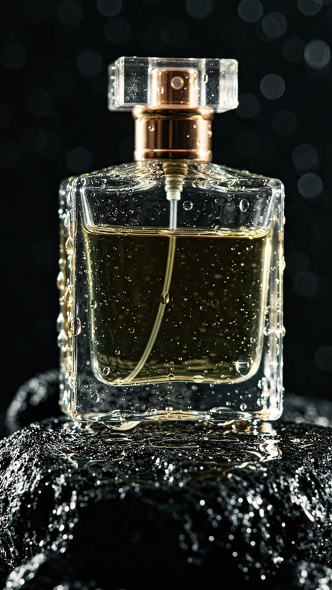 Commercial: an elegant perfume bottle on wet black stone. Still from a video made with Google Veo 3.1 Lite.