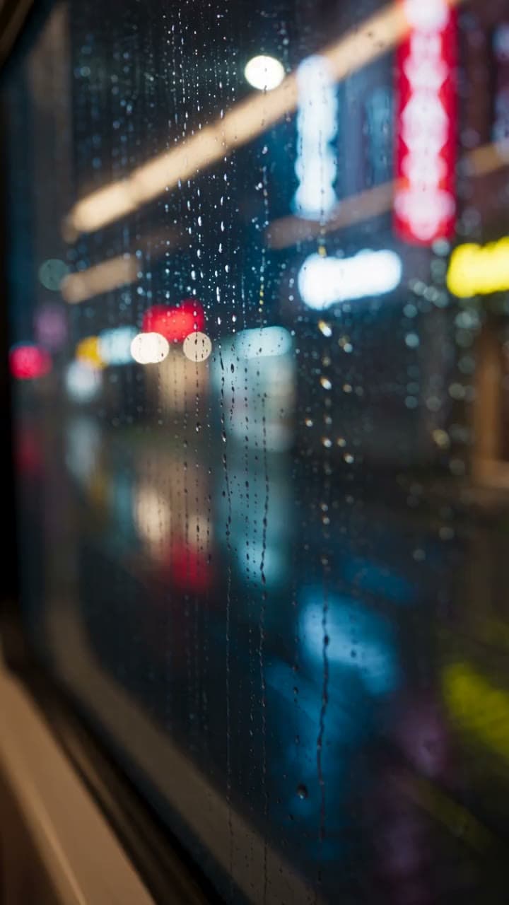 A rainy night street in Istanbul: neon reflections on wet cobblestones, raindrops sliding down the window… Still from a video made with Seedance 2.5.