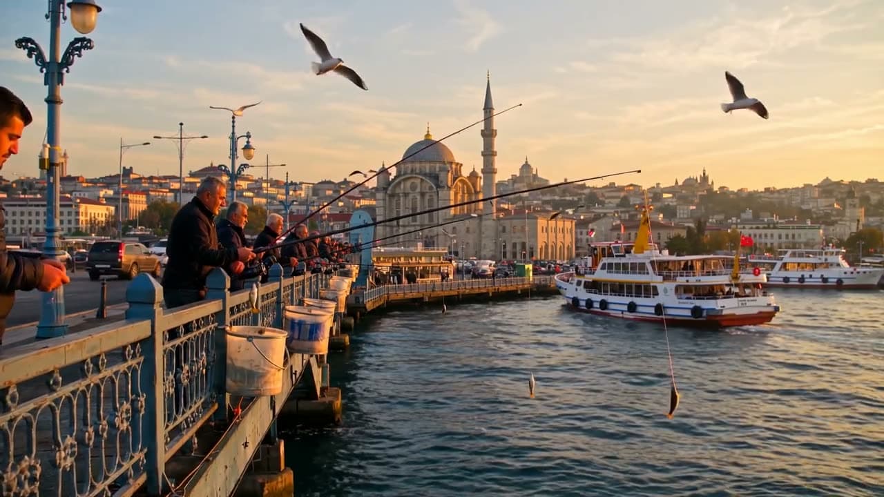 Sunset on the Galata Bridge: anglers casting their lines, the New Mosque and ferries behind, the camera… Still from a video made with Wan 3.0.