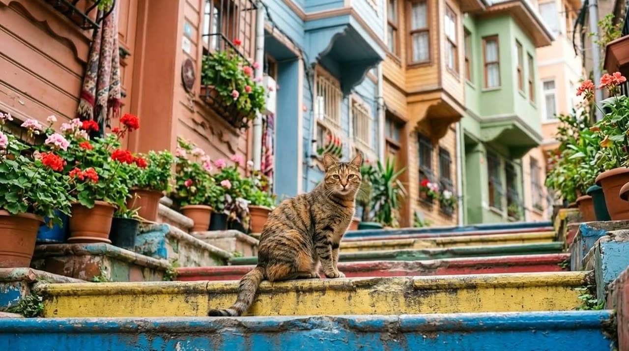 A cat in Balat yawns and stretches as a seagull flies past and the camera slowly pushes in. Still from a video made with Wan 3.0.