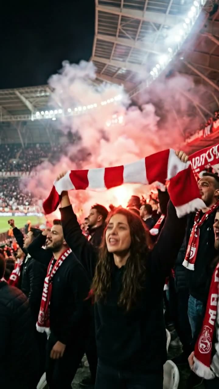 Flares in the stands. Still from a video made with Google Veo 3.1 Lite.