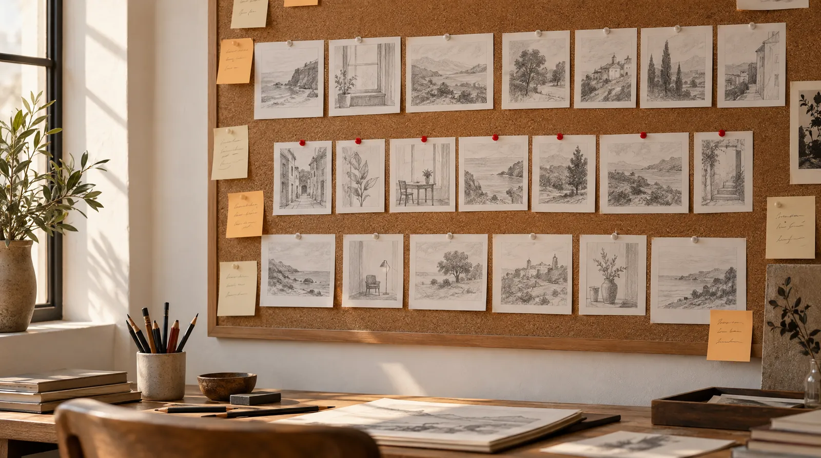 Cork board with rows of pinned paper sketch thumbnails and sticky notes above a desk